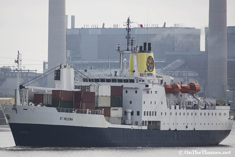 Tilbury, United Kingdom. 5th June, 2016. Royal Mail Ship (RMS) St Helena has arrived on the Thames for what is expected to be her final visit while in service. The last working Royal Mail Ship, which carries passengers and cargo, called at Tilbury this morning and will go to the Upper Pool of the Thames this week to moor alongside HMS Belfast.